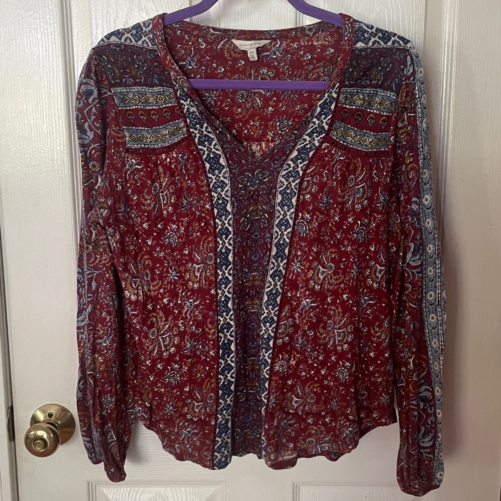 Lucky Brand Womens Boho chic Top. Gorgeous and unique embellishments.